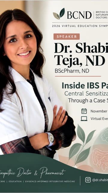 Instagram post: Speaking at the BC Naturopathic Doctors 2026 Virtual Education Symposium on IBS pain and central sensitization.